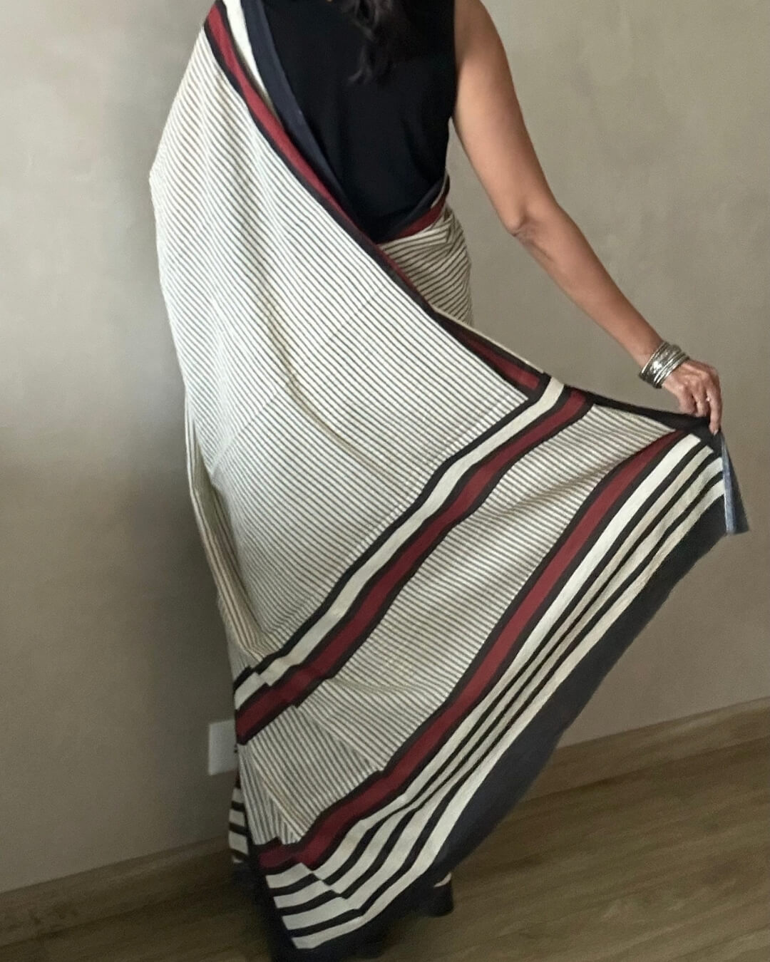 B&W +red stripe Mulmul Cotton Saree