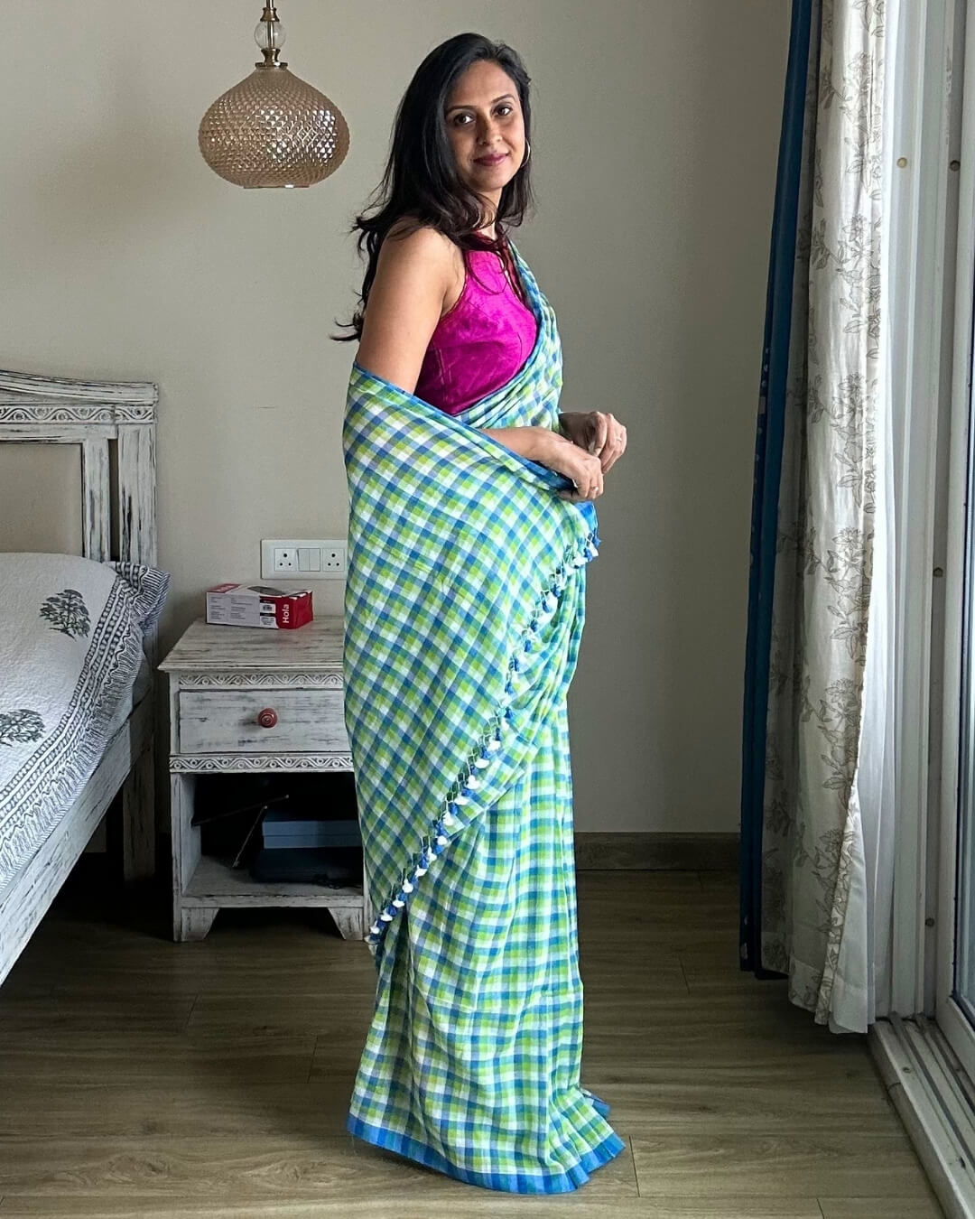 Blue Green Check Mulmul Saree