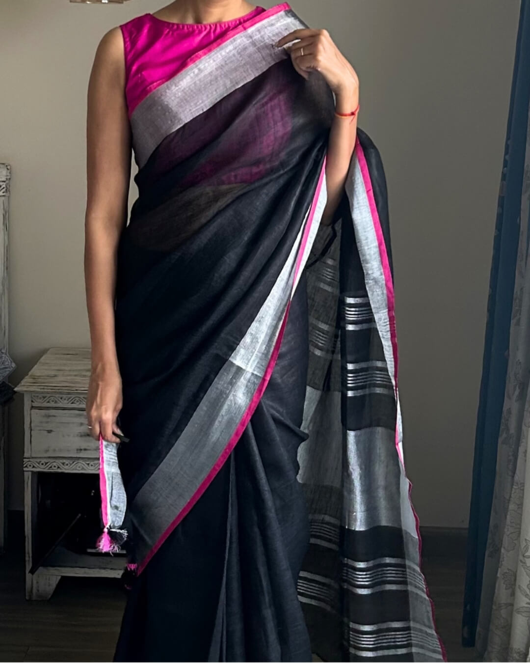 Thea Black Pink Linen Saree