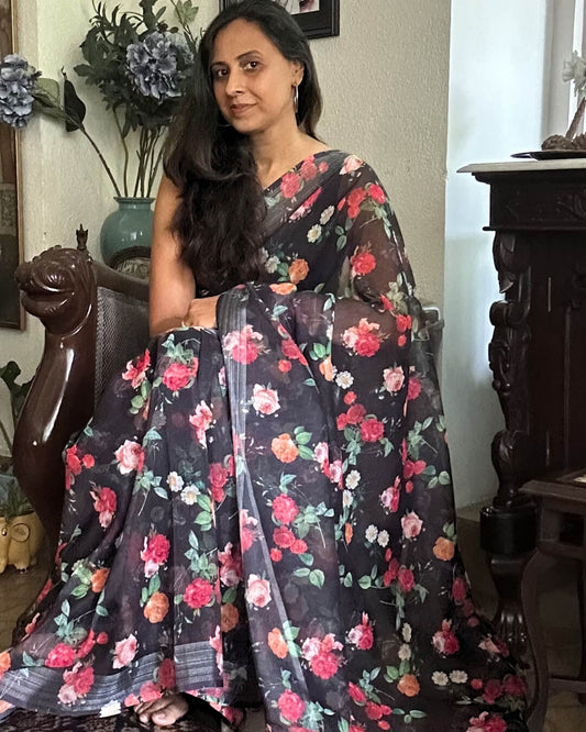 Roses Black Linen Cotton Saree