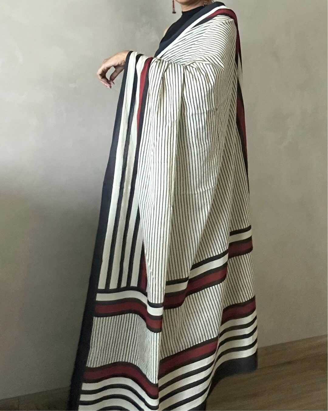 B&W +red stripe Mulmul Cotton Saree