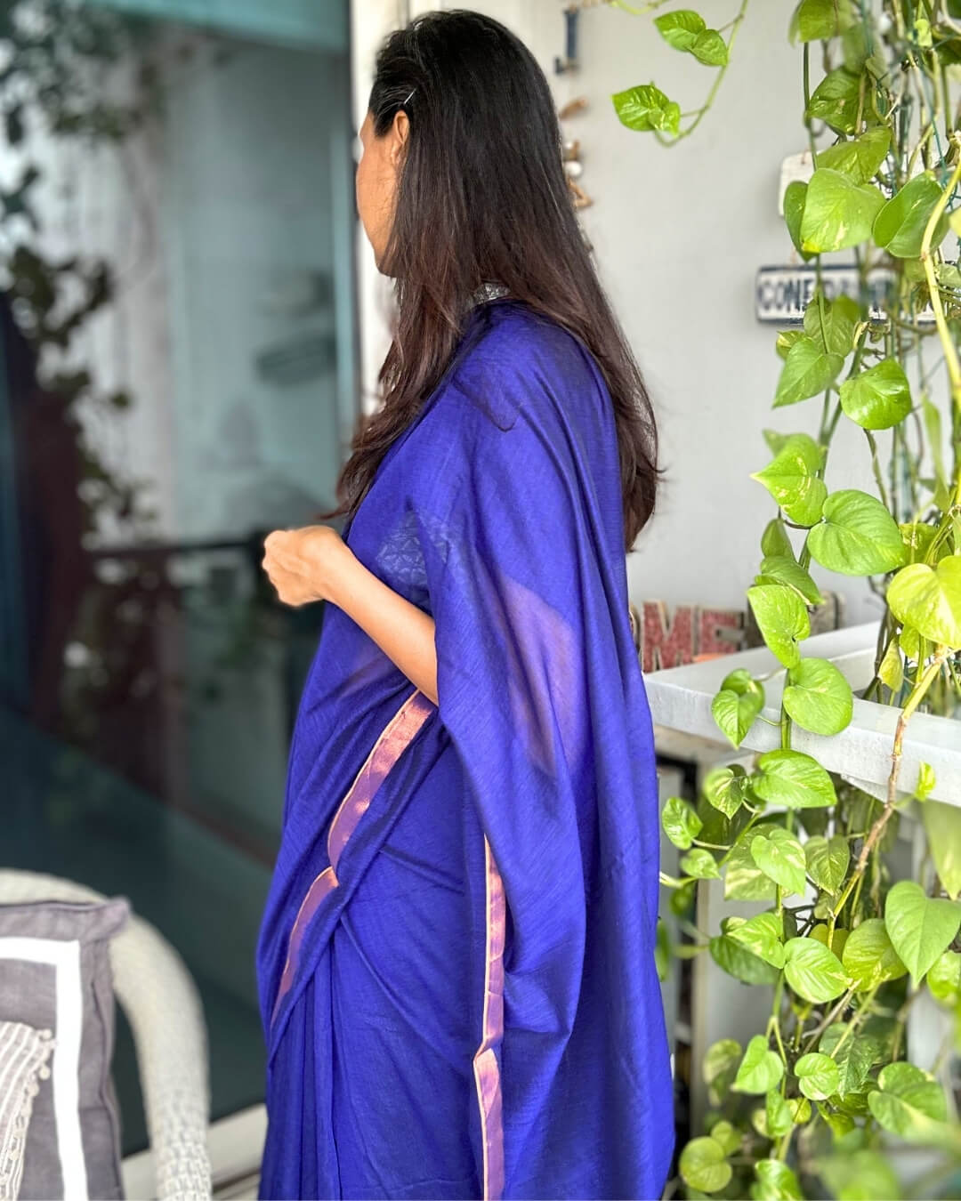 Shyama Blue Mulmul Saree