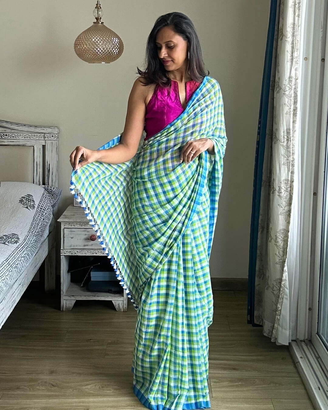 Blue Green Check Mulmul Saree
