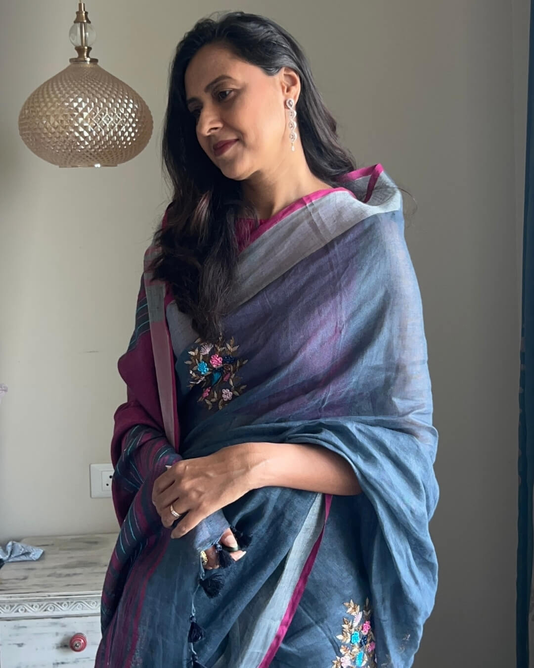 Aster Grey Embroidered Linen Saree