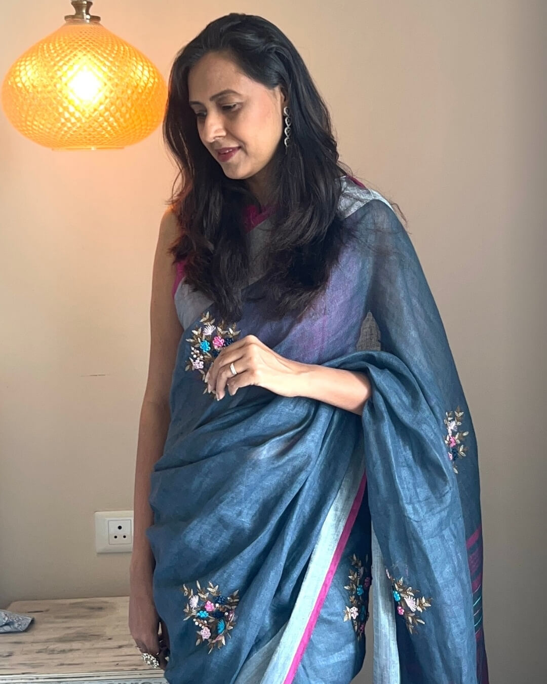 Aster Grey Embroidered Linen Saree