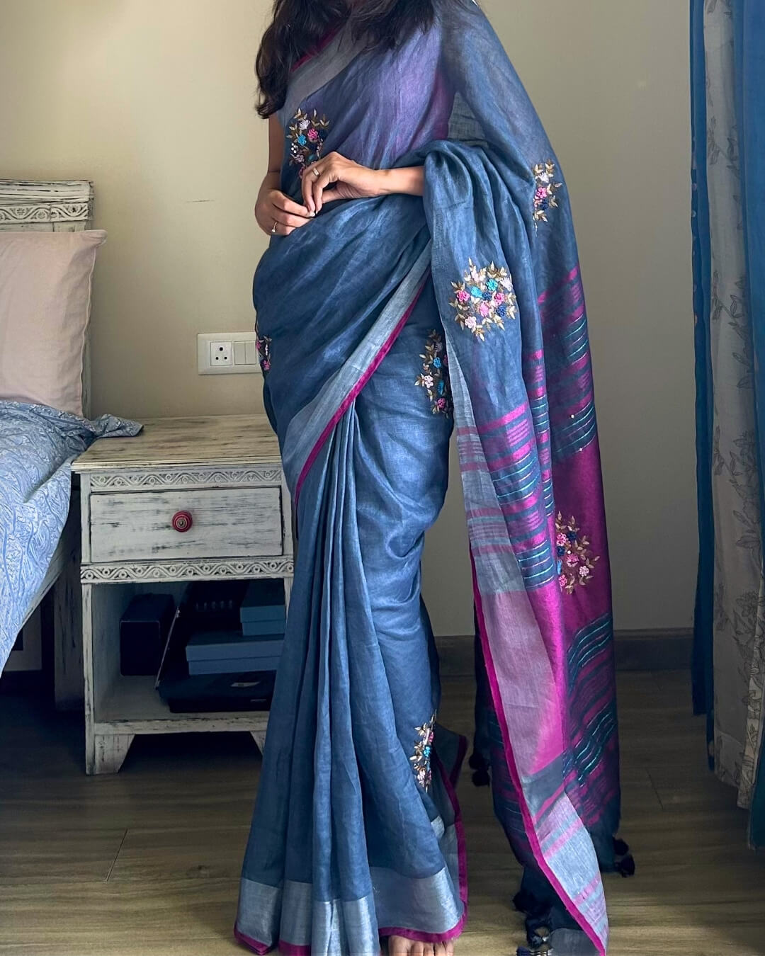 Aster Grey Embroidered Linen Saree