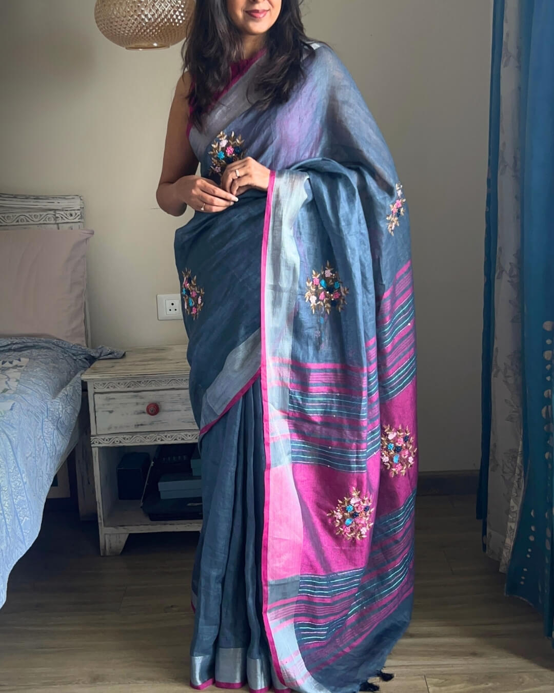 Aster Grey Embroidered Linen Saree
