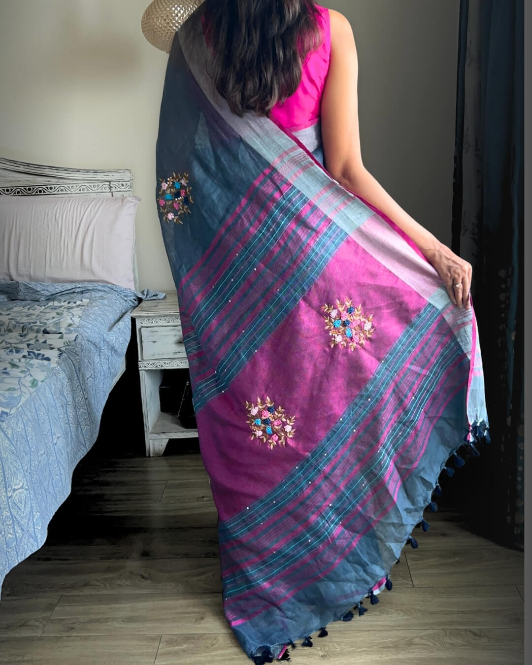 Aster Grey Embroidered Linen Saree
