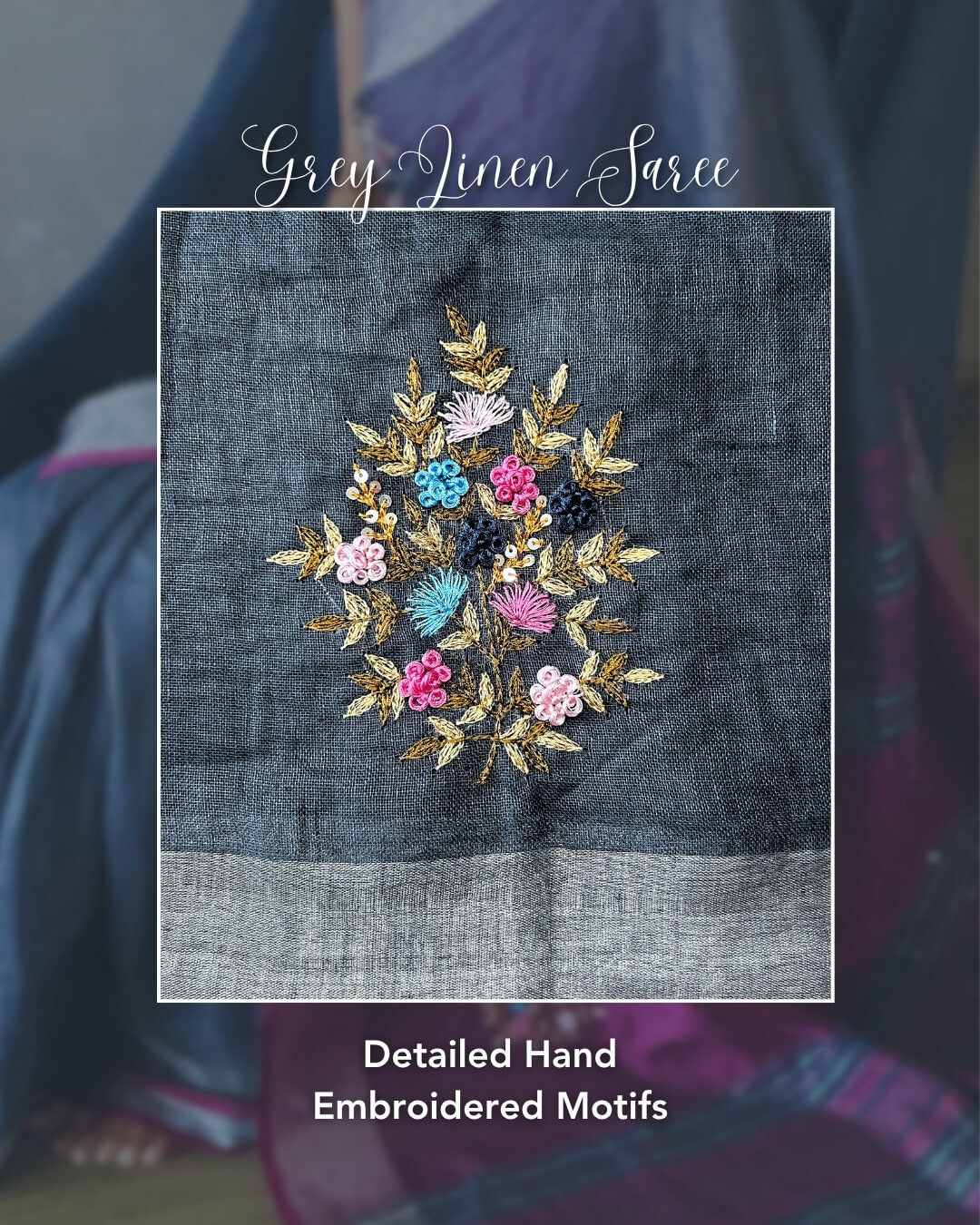 Aster Grey Embroidered Linen Saree