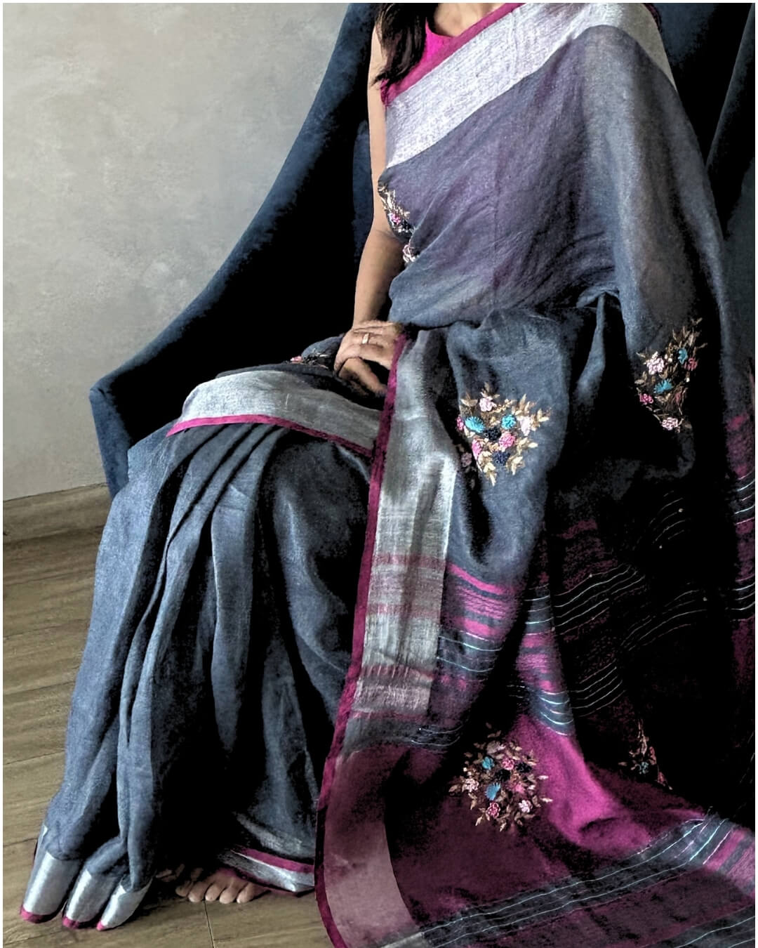 Aster Grey Embroidered Linen Saree