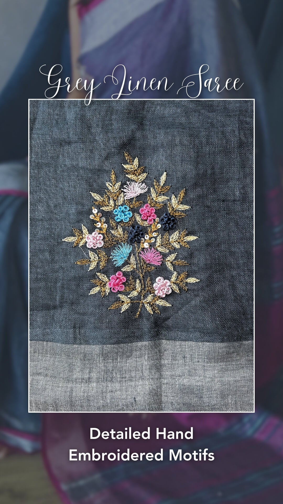 Aster Grey Embroidered Linen Saree