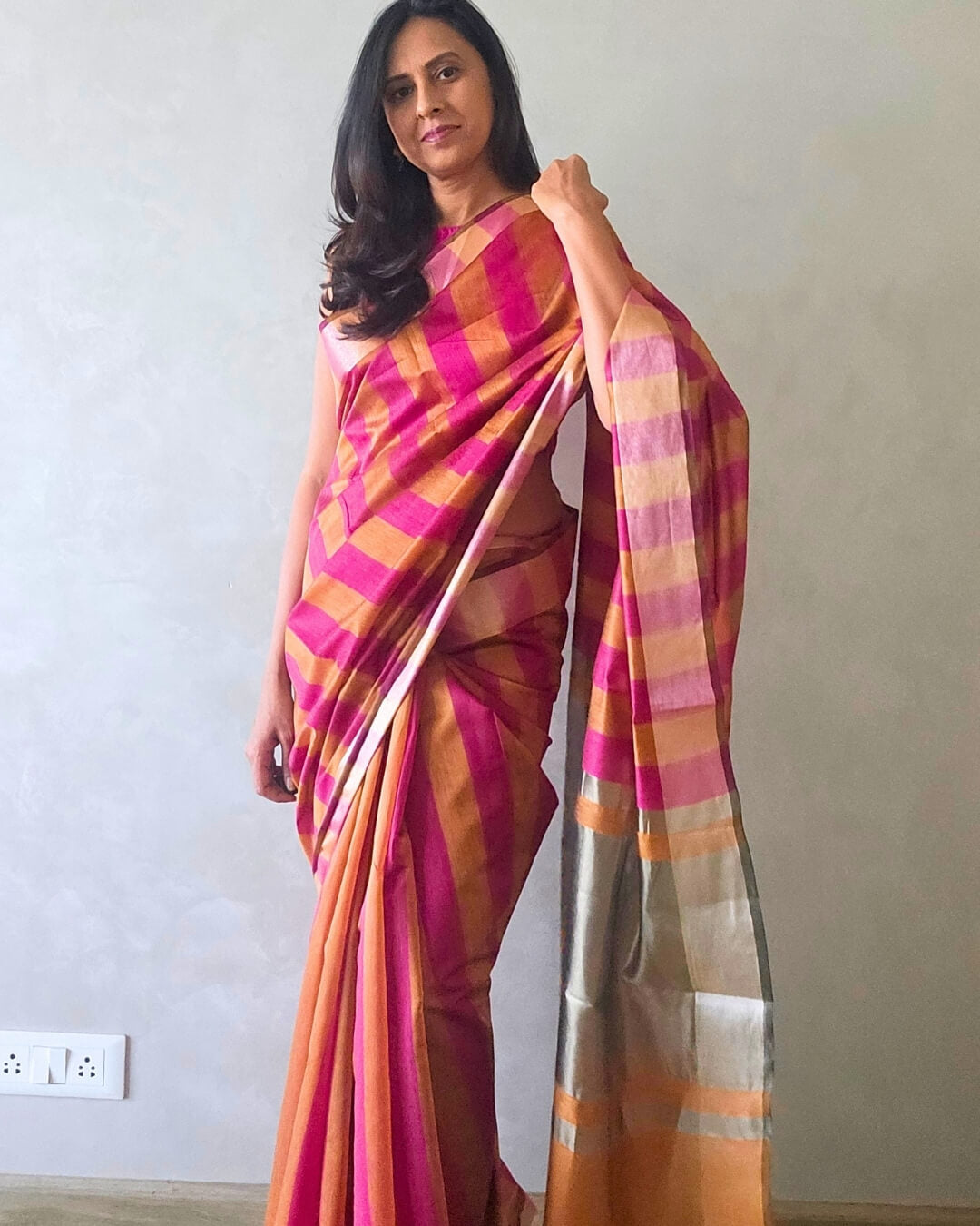 Kiara Pink Mustard Stripes Cotton Saree