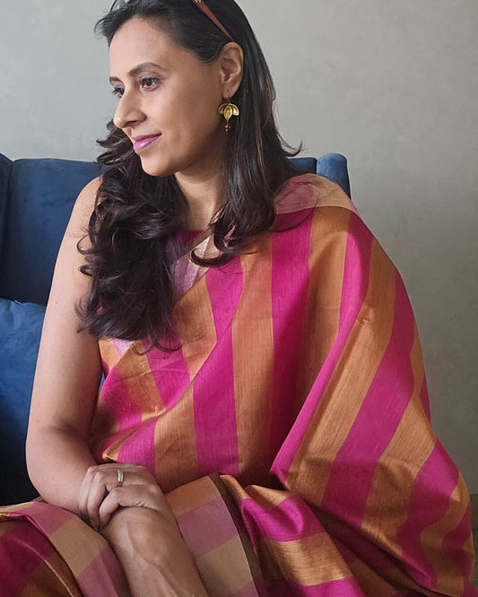 Kiara Pink Mustard Stripes Cotton Saree