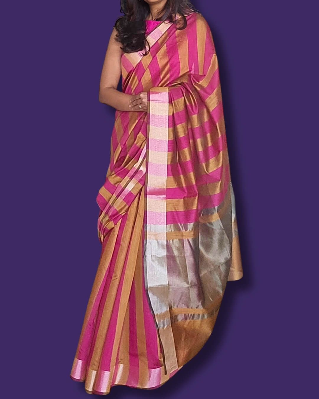 Kiara Pink Mustard Stripes Cotton Saree