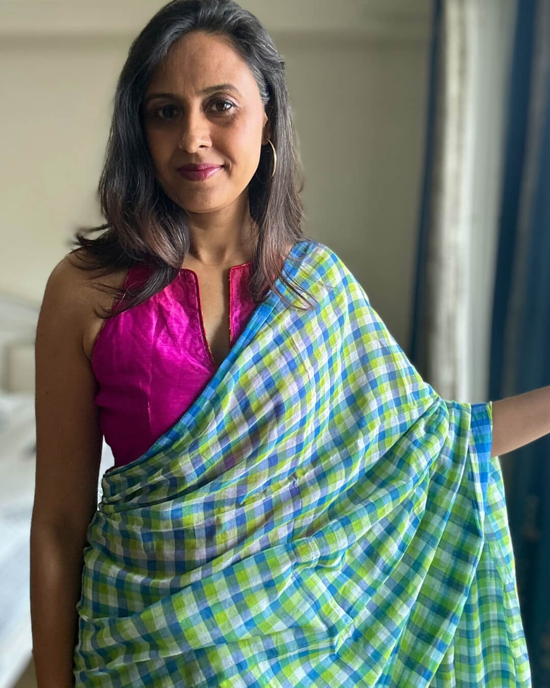 Blue Green Check Mulmul Saree