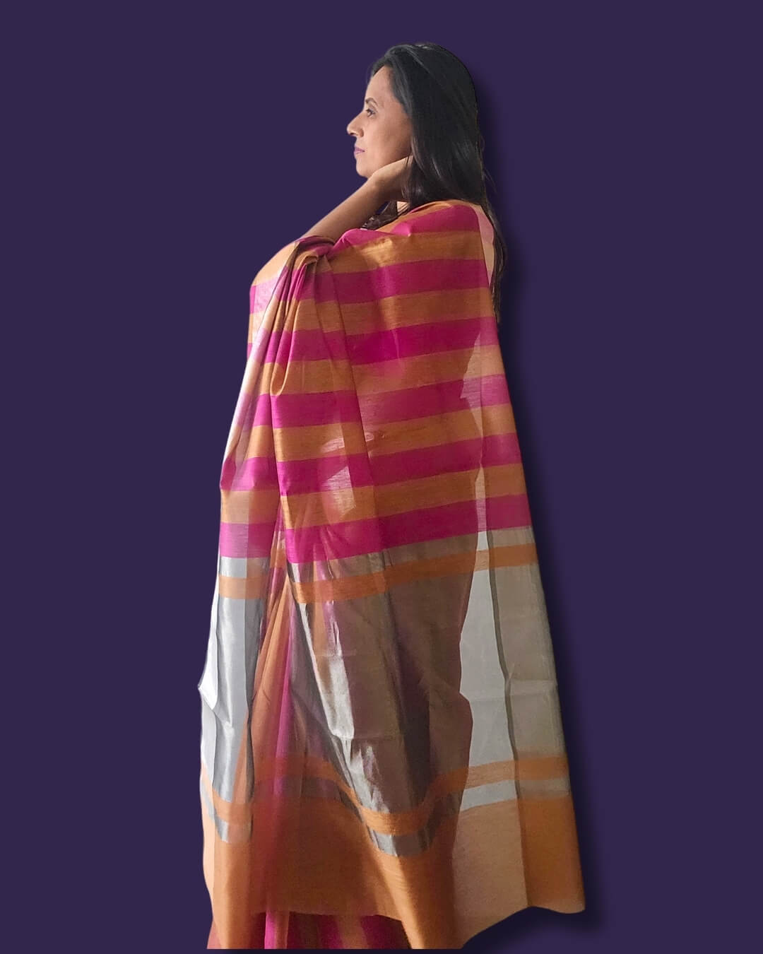 Kiara Pink Mustard Stripes Cotton Saree