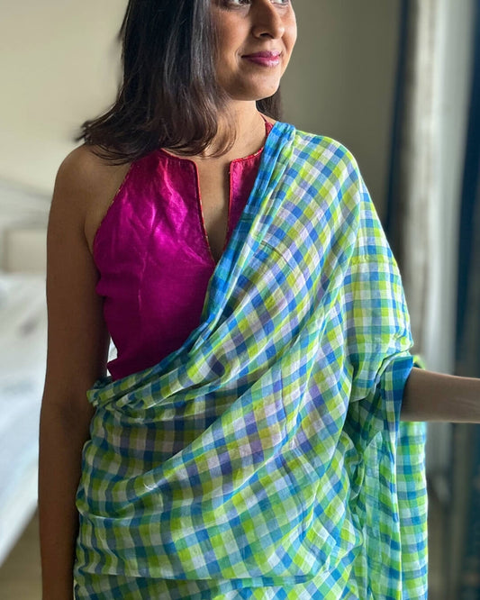 Blue Green Check Mulmul Saree